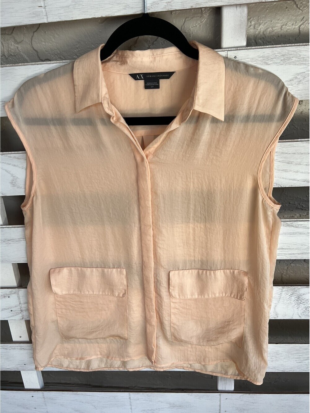 Armani Exchange A/X Womens S Peach Short Sleeve Button Up Sheer Shirt Blouse